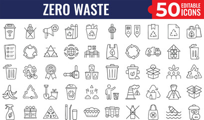 Zero Waste Line Icon Set – Editable Stroke Vector Collection Featuring Recycling, Composting, Waste Sorting, Trash Management, Pollution Control, and Eco-Friendly Solutions for Web and Mobile