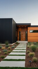 Modern Home Exterior with Wooden and Black Accents
