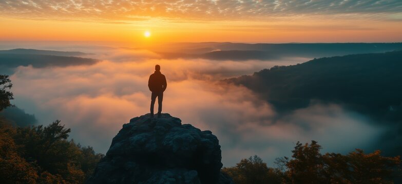 Stunning sunrise view from rocky cliff with silhouette of person overlooking misty valley