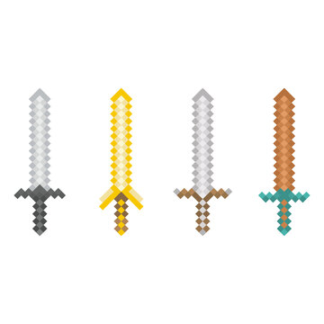 Set of pixel art swords in different styles and colors. Vector illustration of retro weapons for games, fantasy design, or digital interfaces. Isolated on white background.