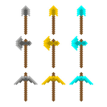 Set of pixel art tools including pickaxes, axes, and shovels in various materials. Retro 8-bit style vector illustration for games, crafting interfaces, or fantasy adventure design projects.