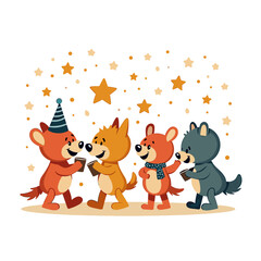 Naklejka premium Cartoon Animals Celebrating with Drinks and Stars, Festive Illustration for Children