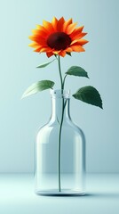 Fototapeta premium Single Sunflower in a Transparent Glass Bottle, Ideal for Home Decoration, Floral Design, Still Life Photography Scenarios