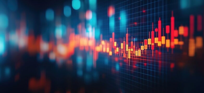 Colorful abstract sound wave visualization with glowing bars and digital grid background