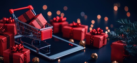 Christmas shopping concept with tablet, shopping cart, and festive gifts
