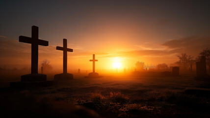 Misty graveyard sunrise with silhouettes of crosses fading into the fog, spiritual calm theme, moody wide-angle photography