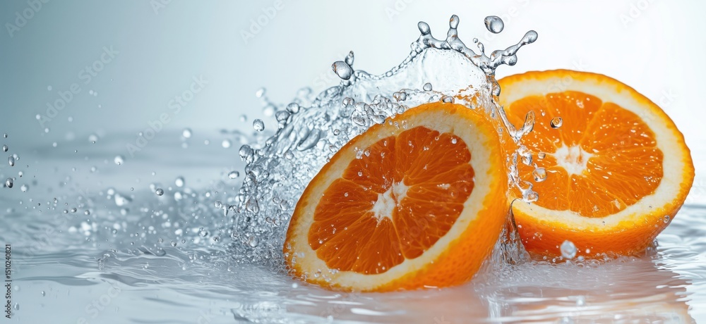 Aufkleber fresh orange slices splashing in water creating dynamic droplets and vibrant colors