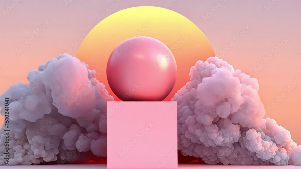 Poster ethereal pink egg surrounded by soft clouds with a warm glow in an abstract dreamlike setting