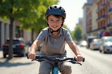 Boy cyclist wearing helmet, close-up with urban background. Suitable for sport product advertising, cycling promotions, healthy lifestyle themes, outdoor activities, and active kids visuals.