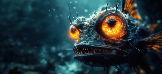 Glowing deep-sea fish with fiery eyes and intricate details in dark underwater environment