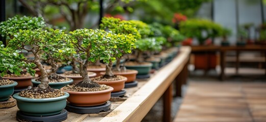 Bonsai trees arranged in a serene garden setting showcasing intricate craftsmanship