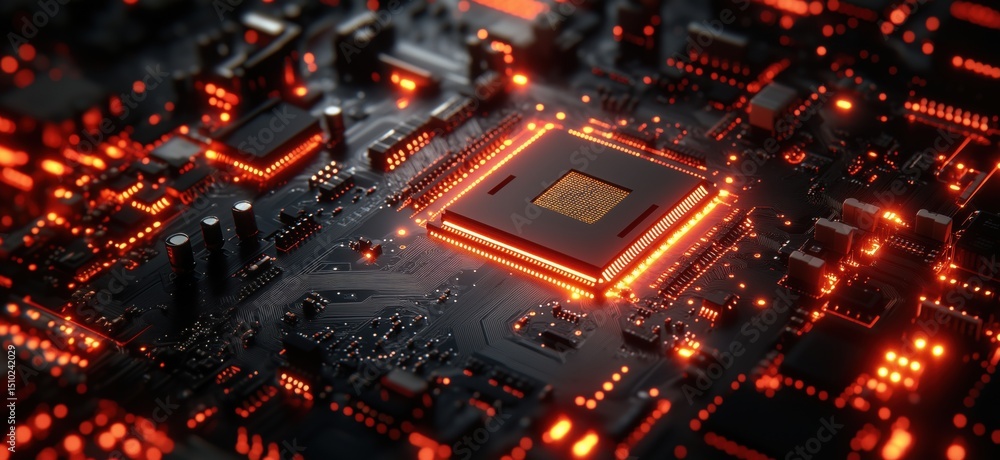 Poster high-tech circuit board with glowing components and intricate details