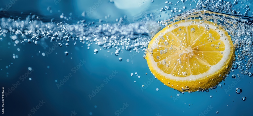 Poster fresh lemon slice submerged in sparkling water with bubbles and blue background