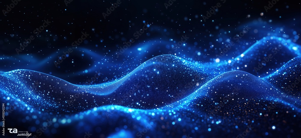 Poster abstract blue waves with sparkling particles creating a cosmic atmosphere