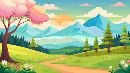Obraz premium Serene Spring Mountain Landscape Illustration