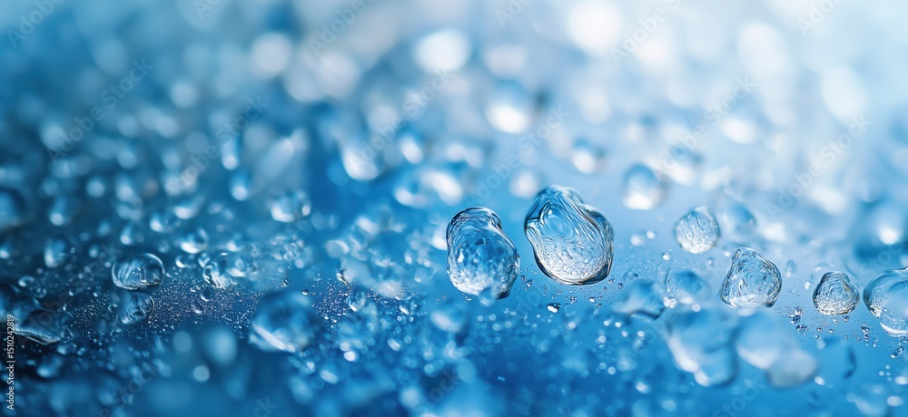 Poster close-up of water droplets on blue surface creating a refreshing and calming atmosphere