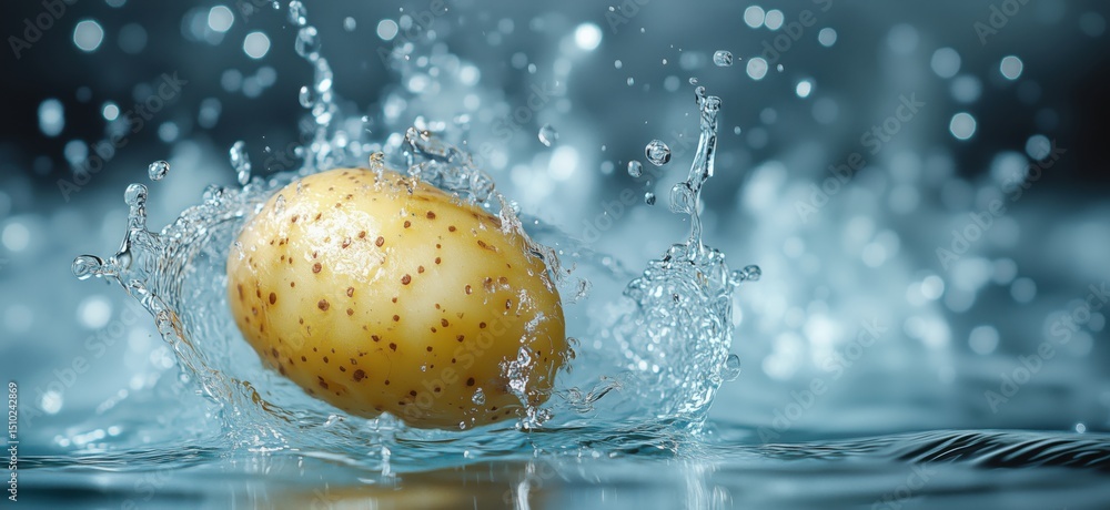 Poster potato splashing in water creating dynamic droplets and ripples