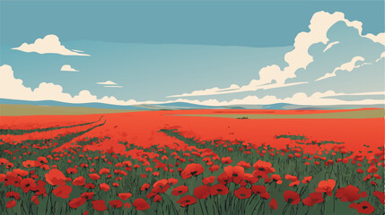 Vibrant Red Poppy Field Landscape, Sunny Day
