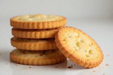 Several cookies are stacked on top of each other on the white surface of the table, one cookie is on the side, close-up view