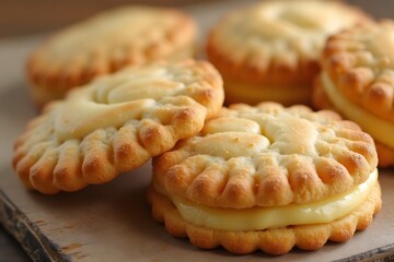 Several cookies with sweet and delicious filling in the middle, close-up view