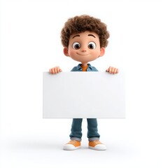 Cartoon boy holding blank sign for message board or presentation advertising template mockup