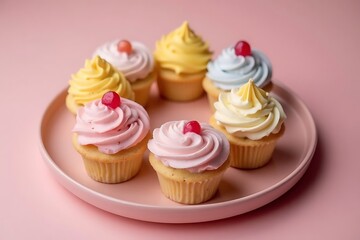 Assortment of Frosted Cupcakes on a Pink Plate, Close-up View
