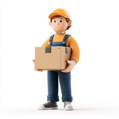 Cartoon delivery man holding package box in uniform isolated on white background rendering
