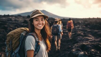 Young woman hiker with backpack enjoying the trail towards distant peaks