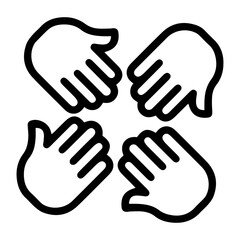 An (outline style) illustration of four stylized hands, symbolizing unity, collaboration, teamwork, and community. Each hand is positioned with fingers together, pointing inwards towards central point