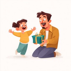 Father's day gift from daughter illustration, cartoon dad receiving present from child art