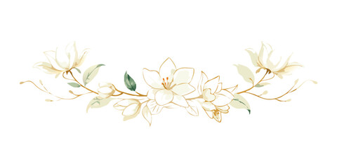 Floral design with magnolia flowers and delicate leaves on white background  