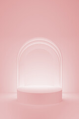 3D realistic podium background - one pink cylindrical podium on light gradient pink white. Luminous shining arch decor, mockup, 3d rendering. Minimalists stage for display product, scene showcase.