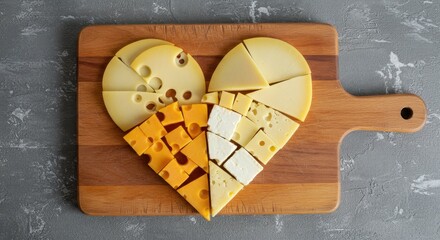 Heart-shaped cheese platter with gourmet cheese selection on a rustic wooden board. Ideal for romantic dinners, food advertising, and culinary promotions.