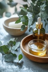 Aromatherapy. Essential oils, flowers, eucalyptus leaves, mortar