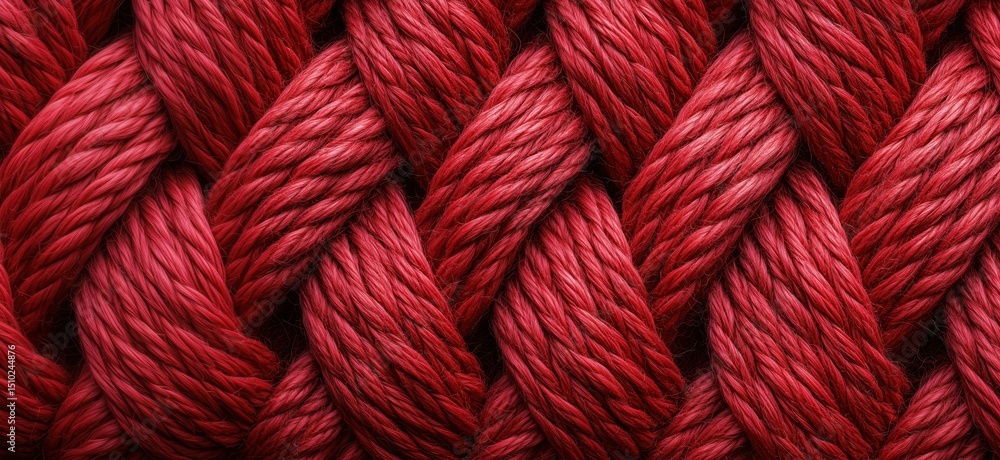 Poster red braided rope texture close-up showcasing intricate weaving patterns and vibrant color