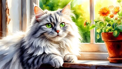 A Gray Fluffy Tabby-colored Cat Lies on the Windowsill and Looks at the Camera, Illuminated by the Sun's rays