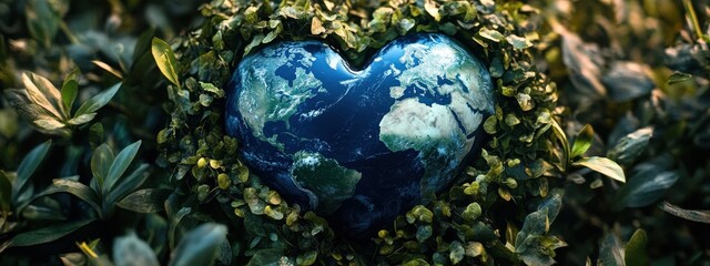Heart shaped earth on green grass under sunlight, love and saving the world for the next generation.