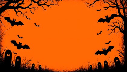 Halloween Orange Background with Black Silhouettes of Tombstones, Bats and Trees