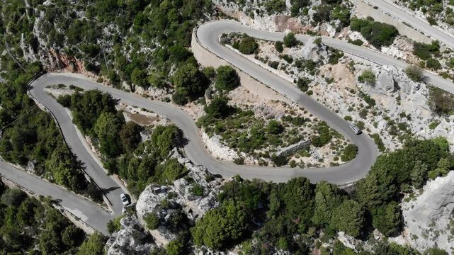 Sardinia - Baunei winding road. Drone point of view in province of Ogliastra.