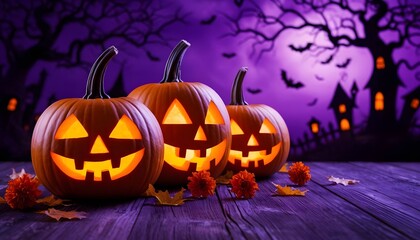 Halloween Background with Three Pumpkins, Bats and Houses on Purple Background