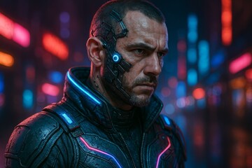 Obraz premium Futuristic cyborg character in neon-lit urban environment at night, showcasing advanced technology and intense emotion
