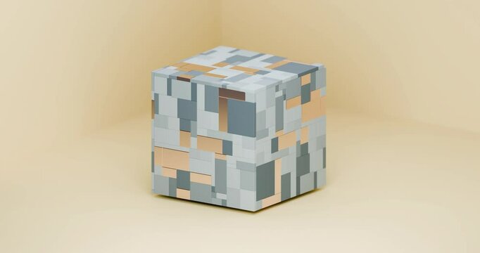 3D animation of a cube with a mosaic-like texture. The surface of the cube consists of many rectangular and square gray, blue and gold blocks of different sizes, layered appearance, gradually expandin