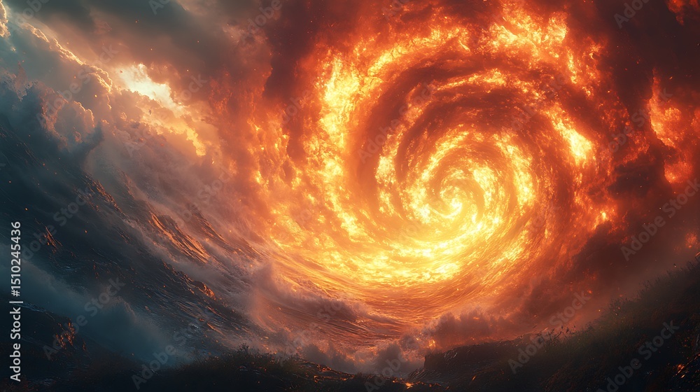 Aufkleber an abstract swirl of fire and clouds capturing the power of an ethereal cosmic event.
