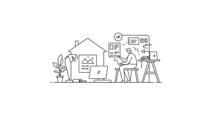 Home Office Worker Using Laptop in Modern Workspace with Digital Charts and Plants