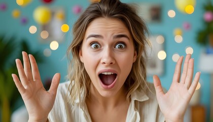 Happy Young Woman Screams with Her Hands Up, Eyes Open in Surprise