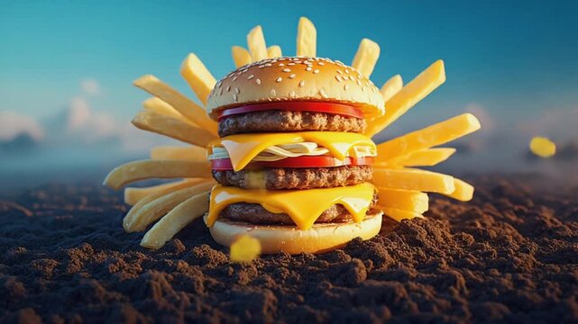 Surreal nature scene where a cheeseburger blooms earth flower, golden fries grow like plants around it, hyperreal macro lens, soft morning light, time-lapse style, magical realism
