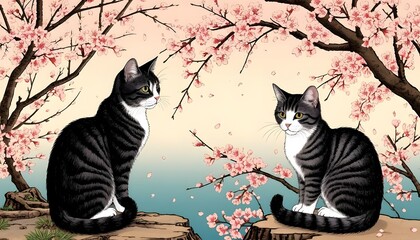 A two black and white shorthair tabby cats sit on a rock, against a background of a tree, river and sakura, fantasy illustration