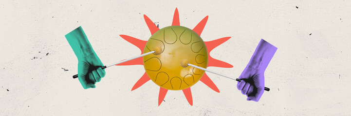 Banner. Creative artwork. Hands with mallets hit steel tongue drum shaped like sun with red rays against soft textured background. Abstract art style. Concept of nature rhythm, meditation © Lustre Art Group 