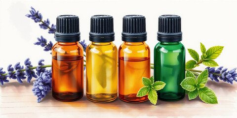 Essential oil bottles with fresh plants like lavender, peppermint, rosemary. Aromatherapy concept. Relaxing spa atmosphere. Health wellness benefits. Natural remedy. Alternative medicine