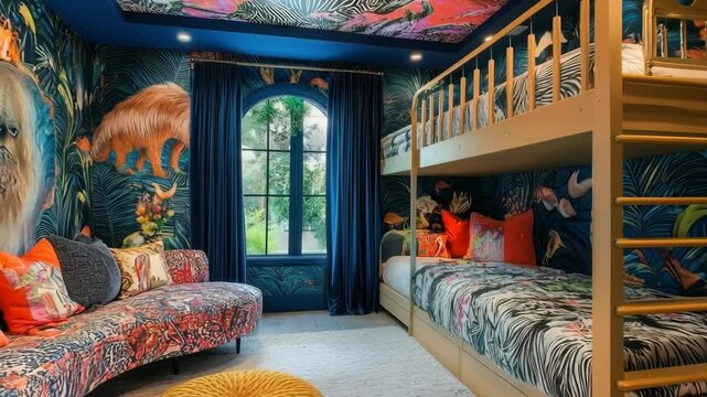 Jungle-themed kids bedroom with bunk bed and colorful wallpaper